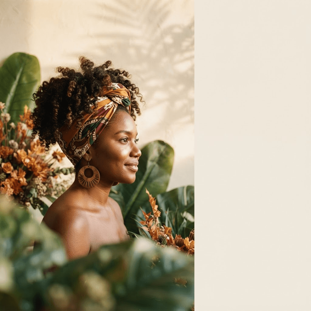 Mujer de cabello afro con turbante entre follaje tropical, imagen de campaña Naturlili
